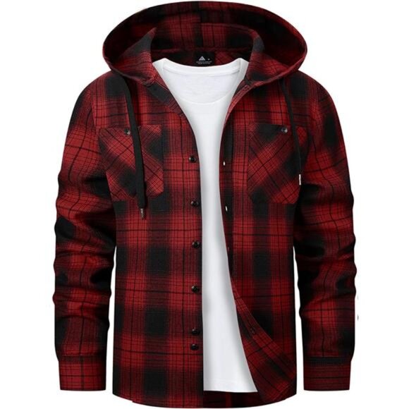 Mens Hooded Flannel Shirts Hoodie Black Red - Picture 1 of 6